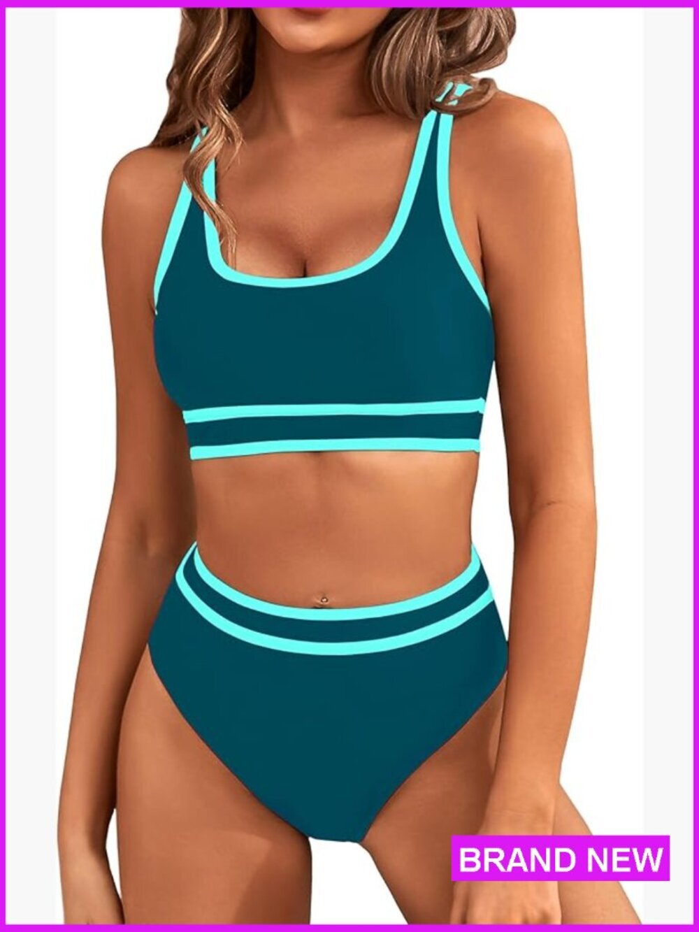 High Waisted Bikini Set Sporty Two Piece Color Block Tummy Control Swimwear
